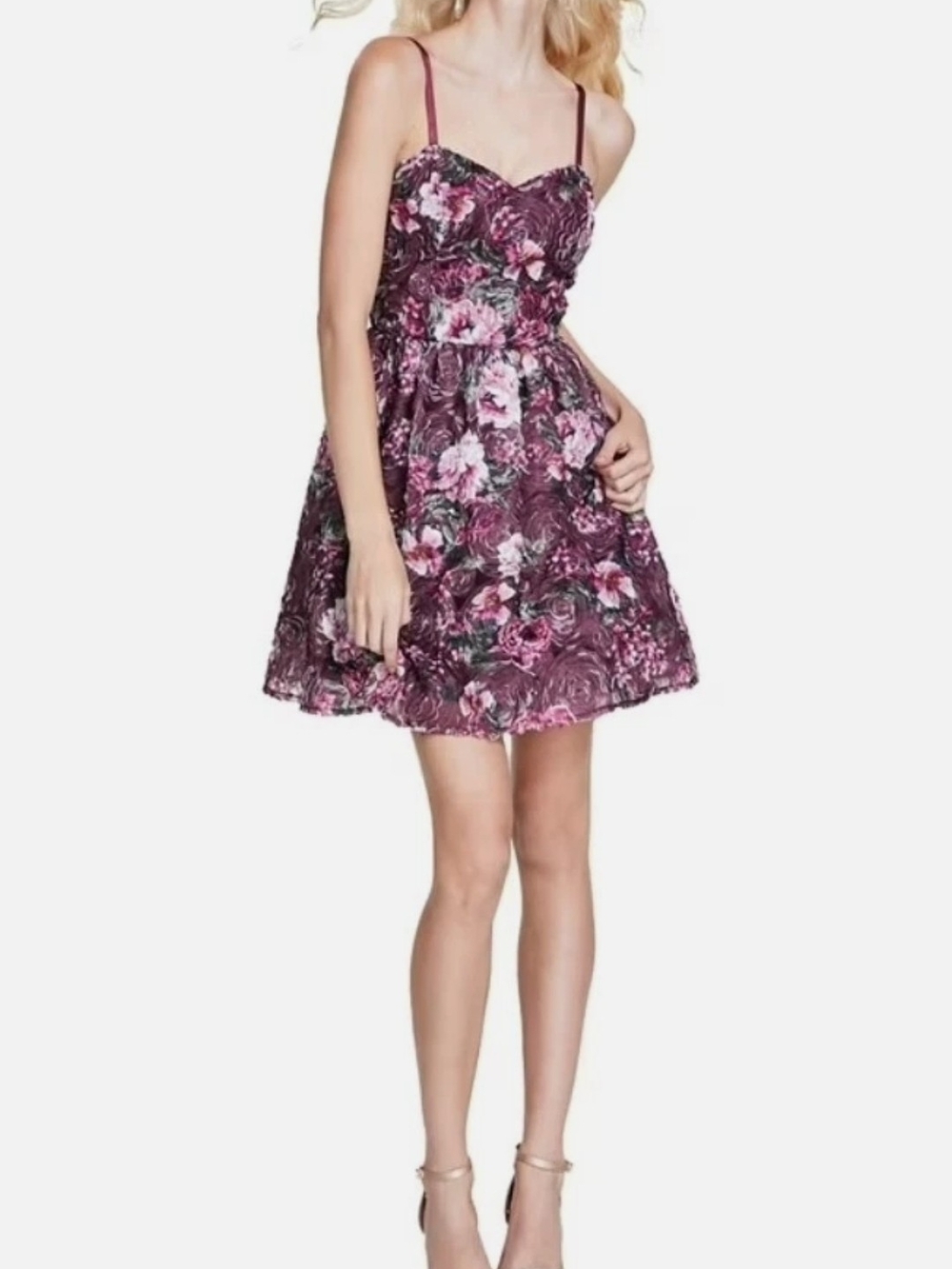 NWT BCX Size 7 Plum-Pink Burgundy Floral Spaghetti-Strap Mini Dress